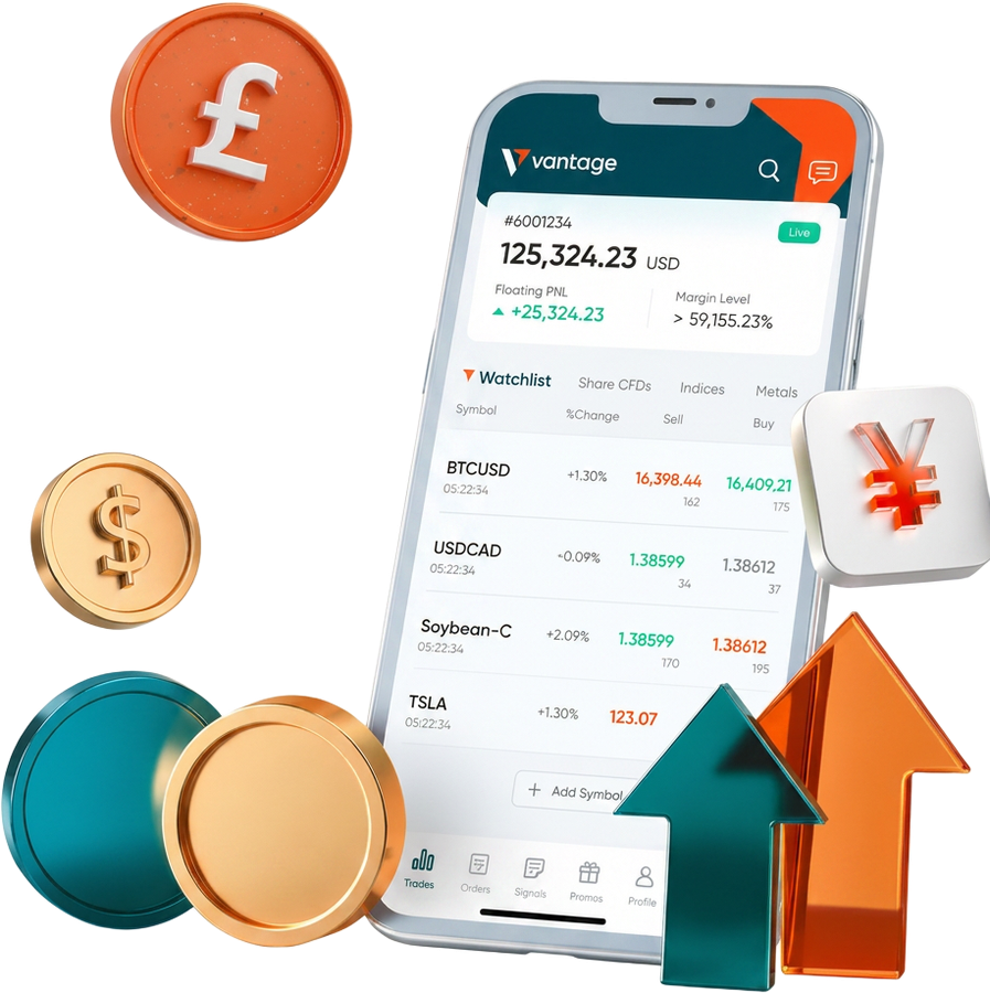 Vantage trading app with currency coins