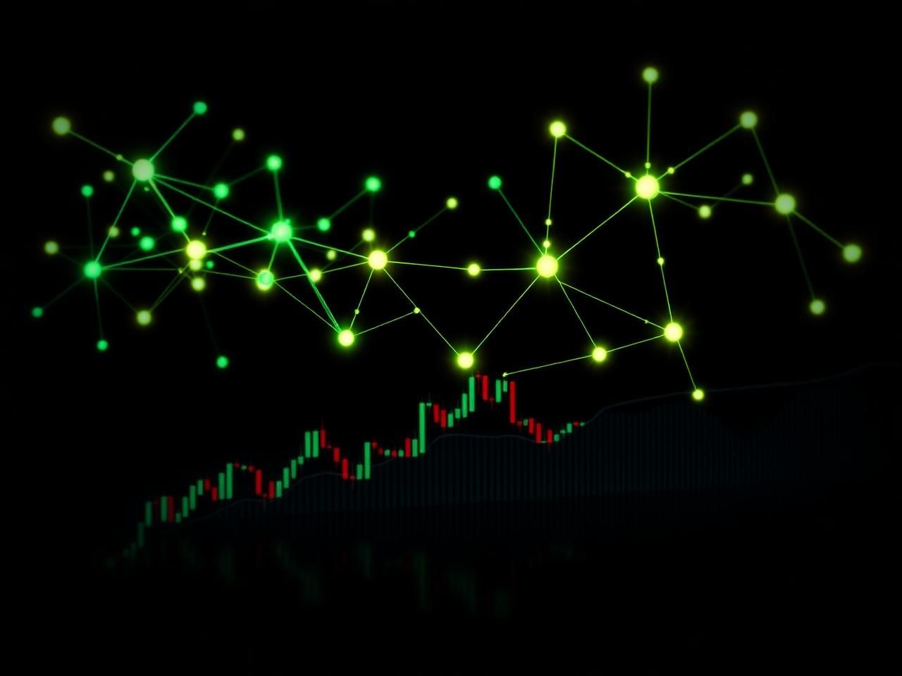 Glowing network of liquidity nodes connected above a candlestick chart, symbolising ECN routing