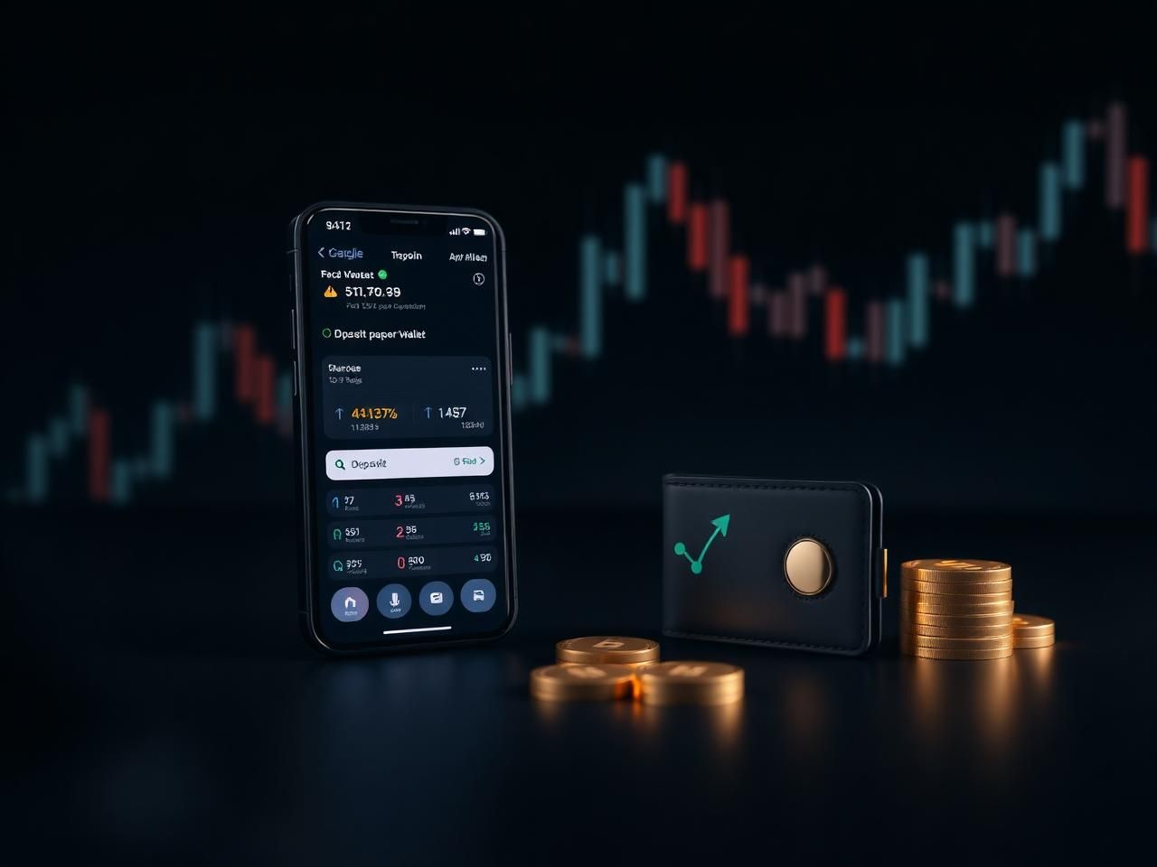 Smartphone deposit screen beside a small wallet and a stack of coins on a dark surface