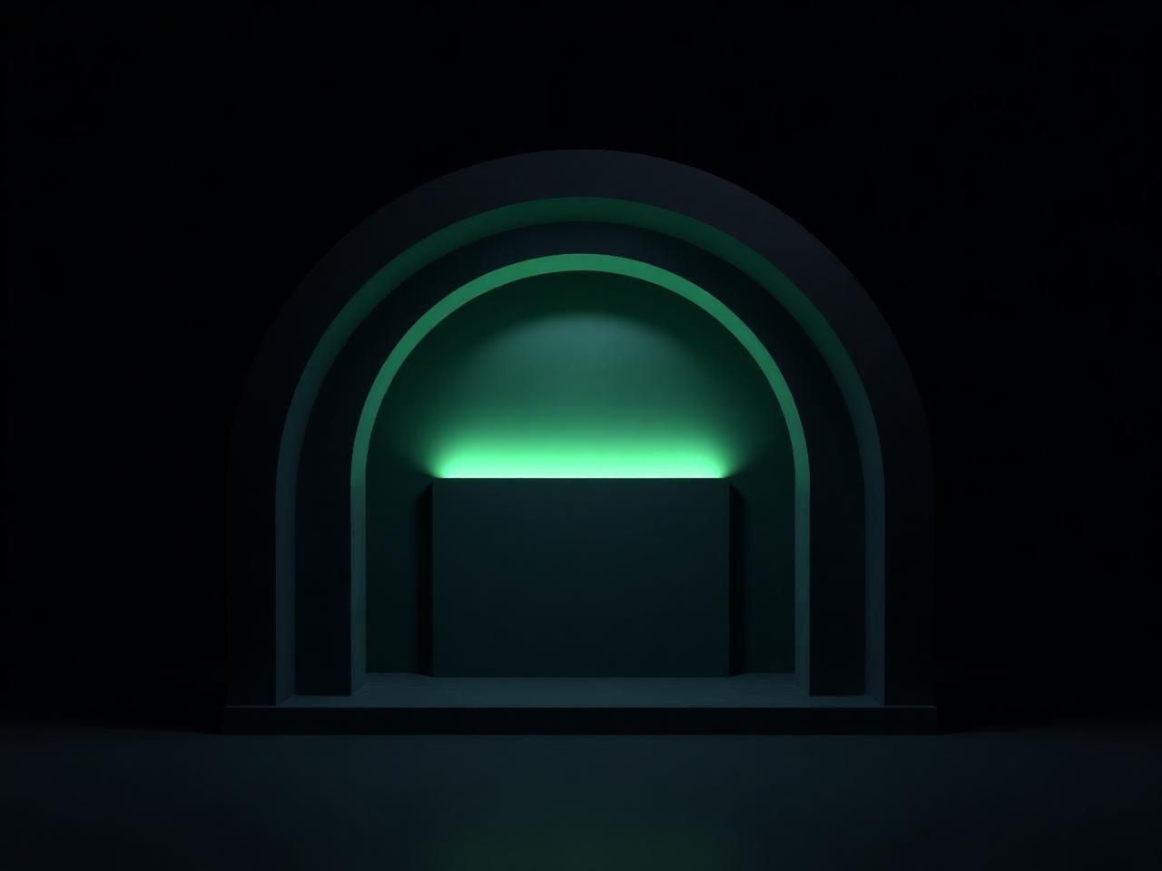 Minimal dark architectural arch lit with a soft green gradient