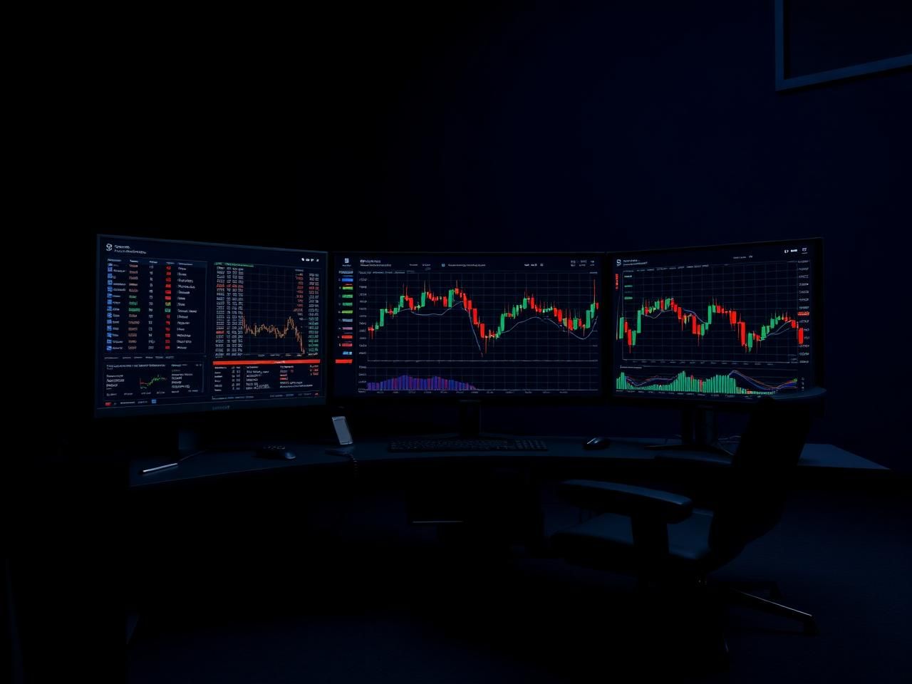 Advanced professional trading workstation with several screens of charts and order books