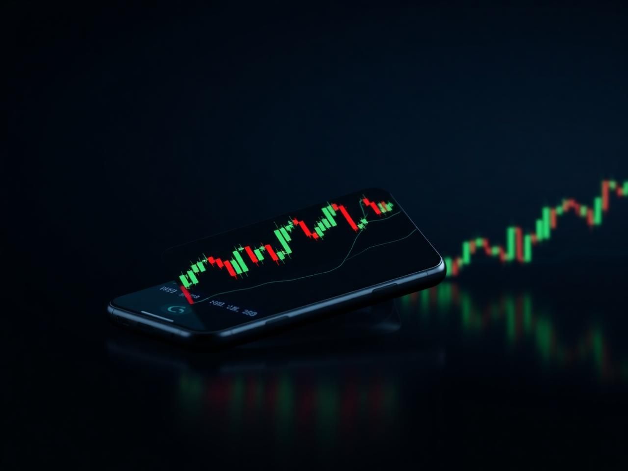 Smartphone resting on a dark reflective surface showing a live green and red candlestick chart