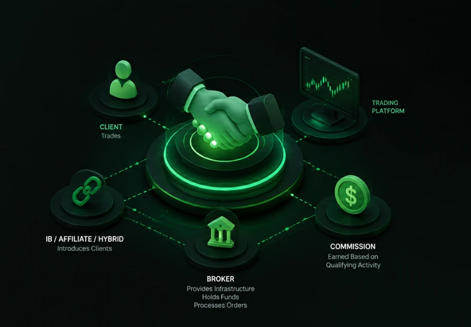 Partnership flow diagram: the IB, affiliate or hybrid partner introduces clients, the client trades on the broker's trading platform, the broker provides infrastructure, holds funds and processes orders, and commission is earned based on qualifying activity.