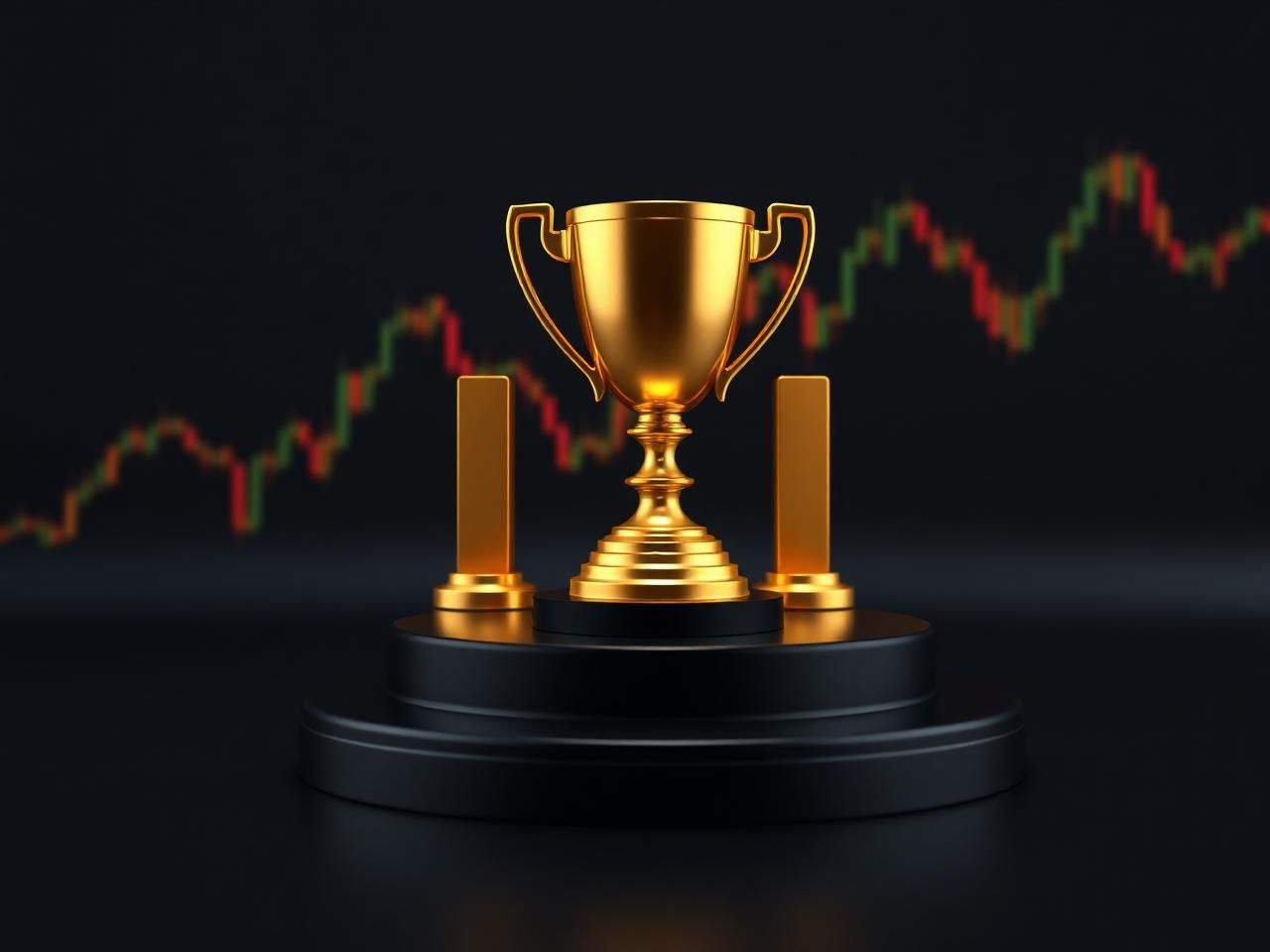 Gold trophy on a dark podium in front of a rising candlestick chart