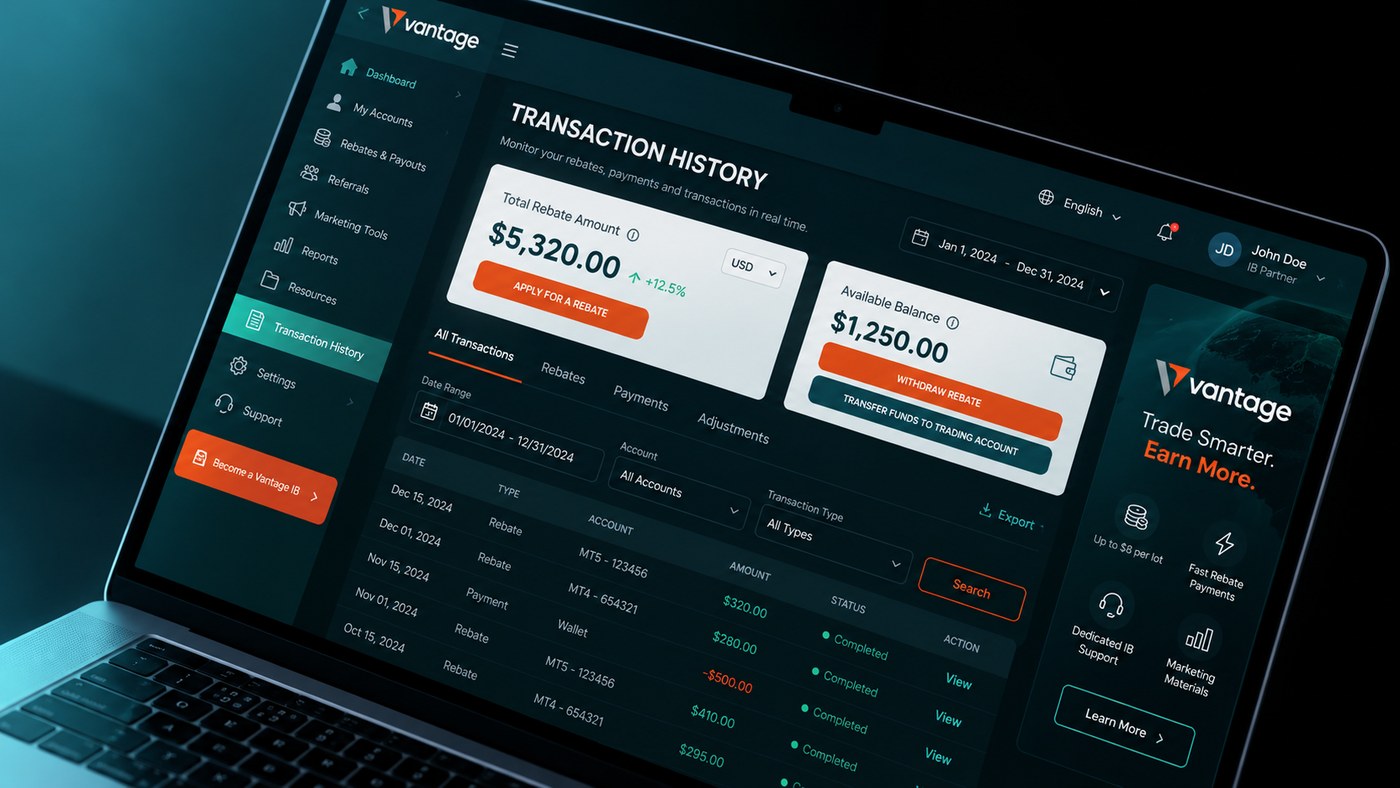 Vantage IB portal transaction history screen showing rebate balance and payouts