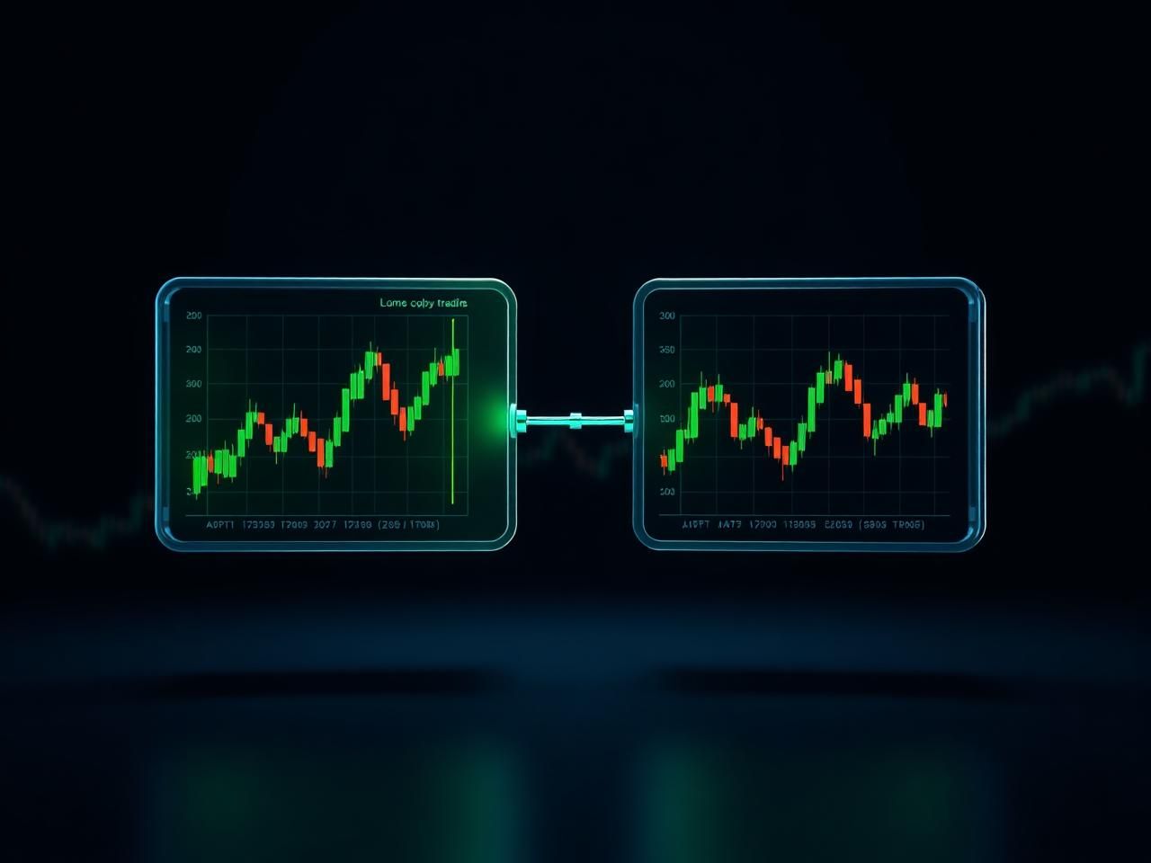 Two connected glass trading panels mirroring the same candlestick chart, symbolising copy trading