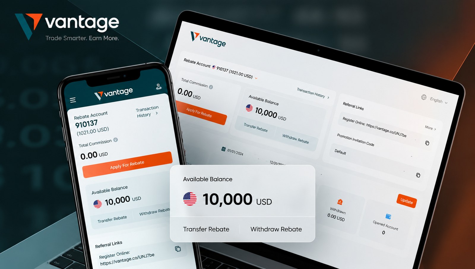 Vantage IB rebate account shown on a laptop and a phone
