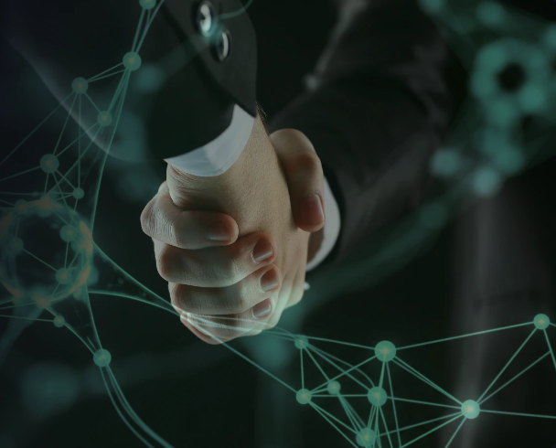 Partnership handshake over a network graphic