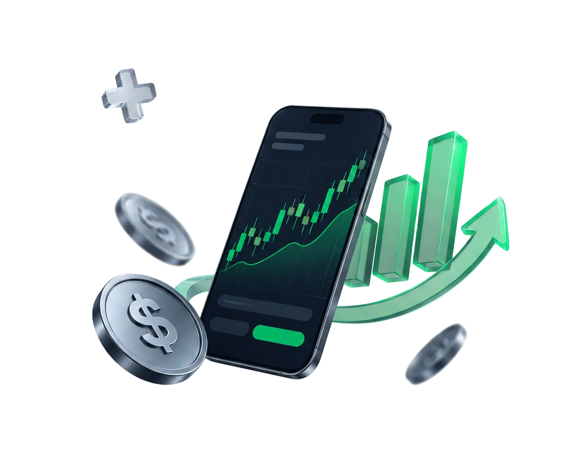 Illustration of a mobile trading app with rising charts and coins