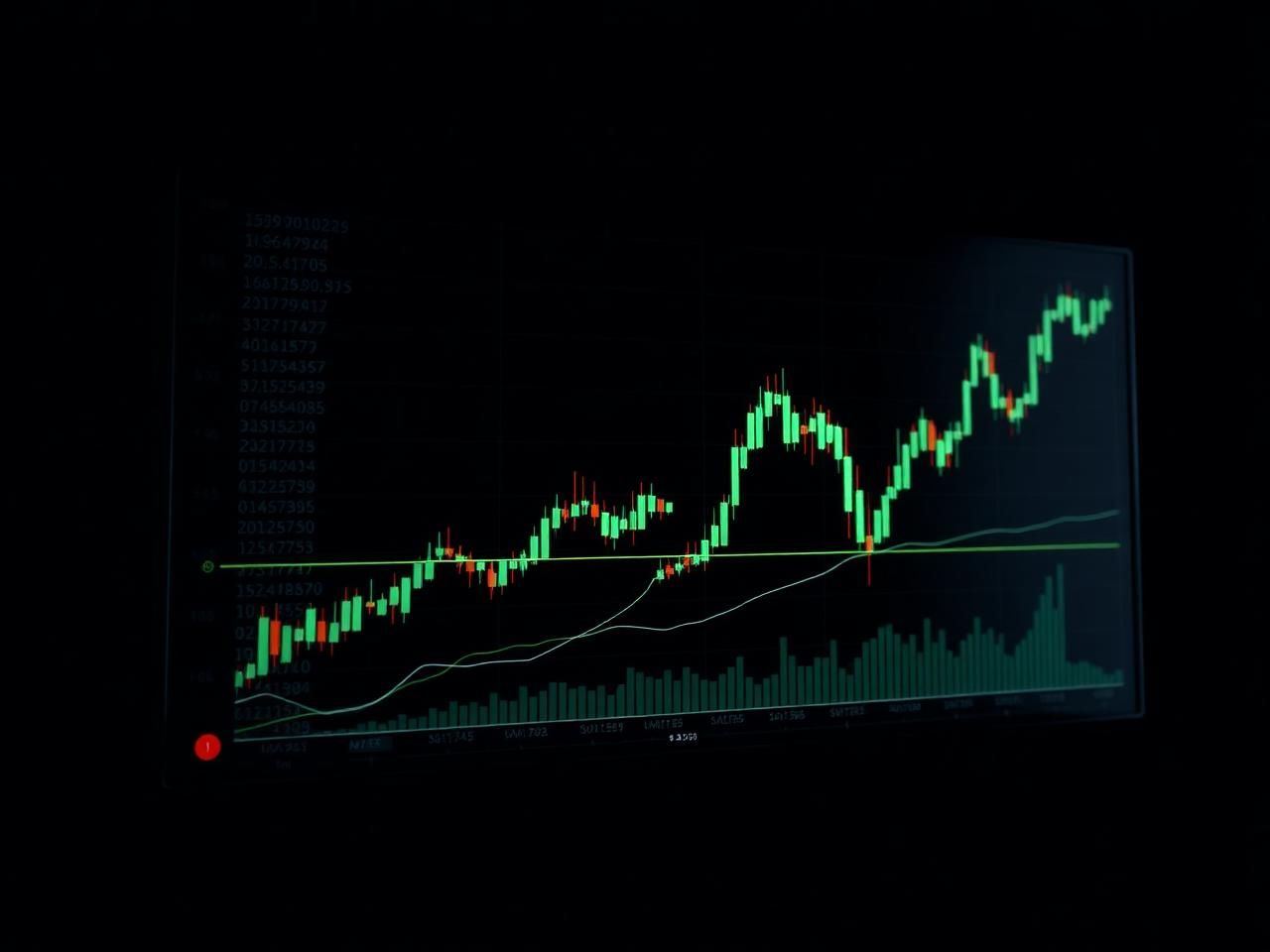 Algorithmic trading screen with code-like data columns over a green candlestick chart