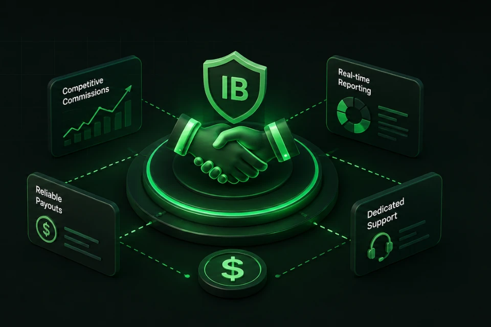 Introducing broker ecosystem: an IB shield above a handshake, surrounded by cards for competitive commissions, real-time reporting, reliable payouts and dedicated support.