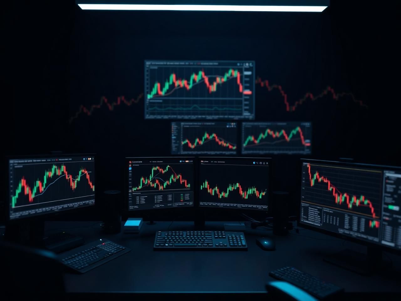 Professional multi-monitor day trading desk glowing with candlestick charts in a dark room
