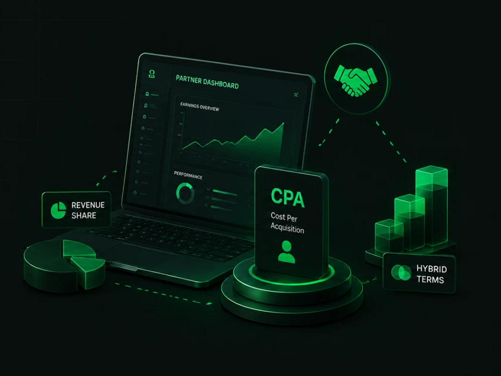 Affiliate partner dashboard laptop with a CPA card on a glowing pedestal, plus revenue share and hybrid terms elements.
