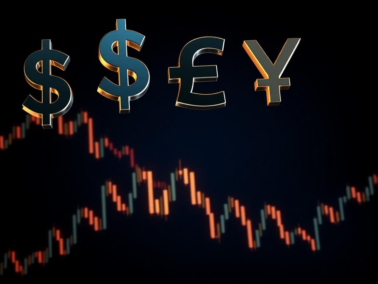 Three-dimensional dollar, euro, pound and yen symbols floating above a forex candlestick chart